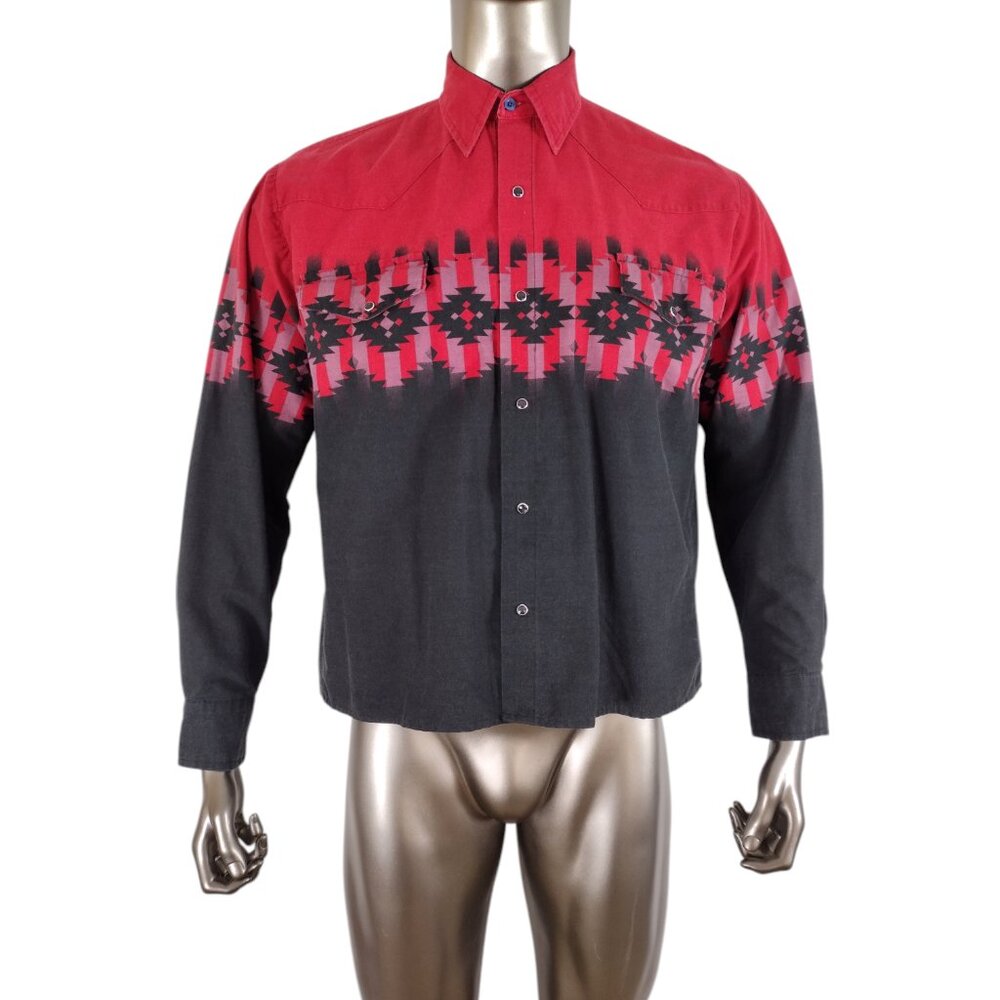 Vintage 1980s Men's Red Black Aztec Pearl Snap Western Casual Shirt